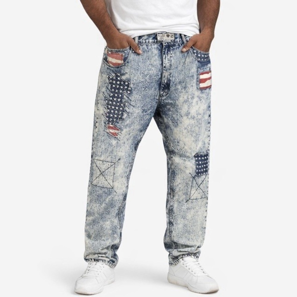 DIAMOND STASH Jeans sz 42 Acid Wash American Flag Patches Streetwear Patriotic